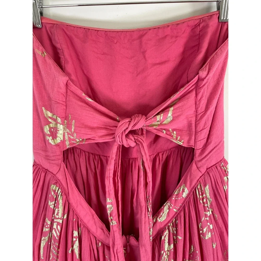 Free People Baja Babe Midi Dress M Hot Pink Gold Foil Strapless Boho OB1104493
